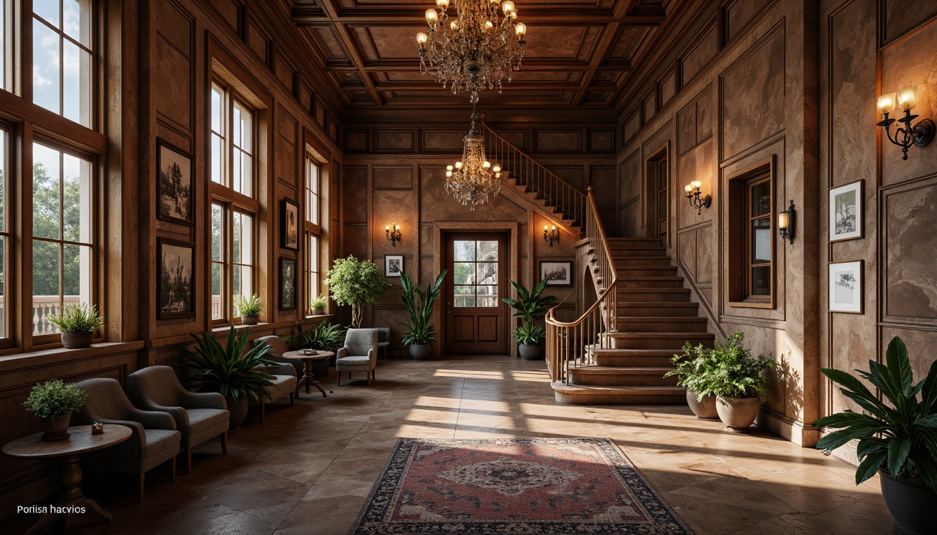 Prompt: Richly textured stone walls, rustic brick facades, ornate wooden paneling, distressed finishes, vintage color palettes, classic architectural details, grand entranceways, sweeping staircases, opulent chandeliers, lavish furnishings, warm ambient lighting, soft focus photography, 1/2 composition, realistic material textures, subtle atmospheric effects.