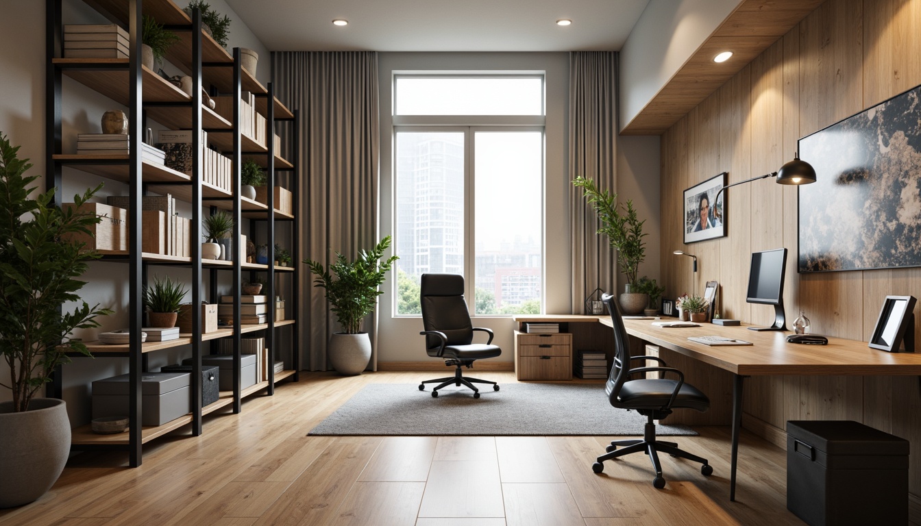 Prompt: Modern home office, sleek metal shelving units, adjustable storage compartments, ergonomic workstations, built-in cable management systems, minimalist design, natural wood accents, indirect soft lighting, shallow depth of field, 1/1 composition, realistic textures, ambient occlusion.