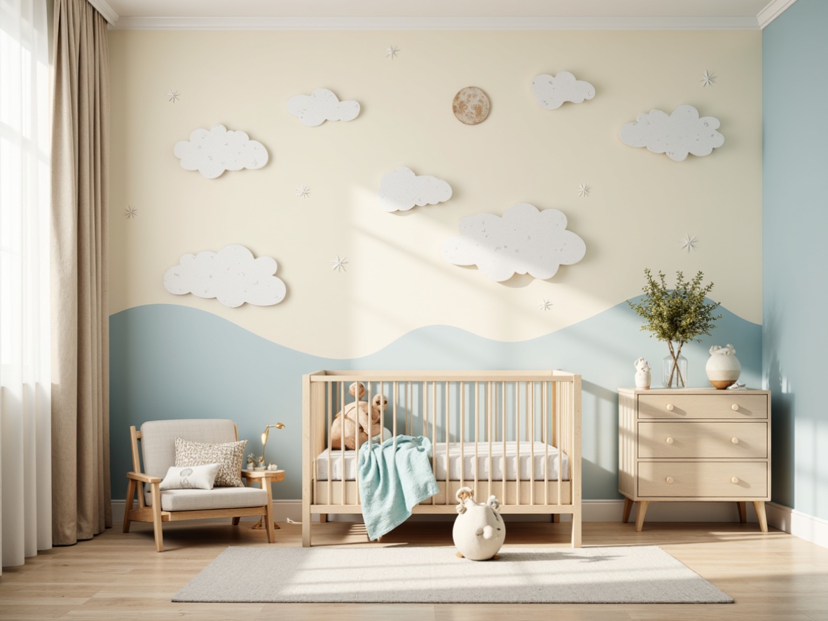 Prompt: Soft pastel hues, calming nursery atmosphere, gentle cream walls, soothing baby blue accents, warm beige furniture, natural wood tones, delicate floral patterns, whimsical cloud illustrations, dreamy moonlight, serene ambiance, 1/1 composition, shallow depth of field, softbox lighting, realistic textures.