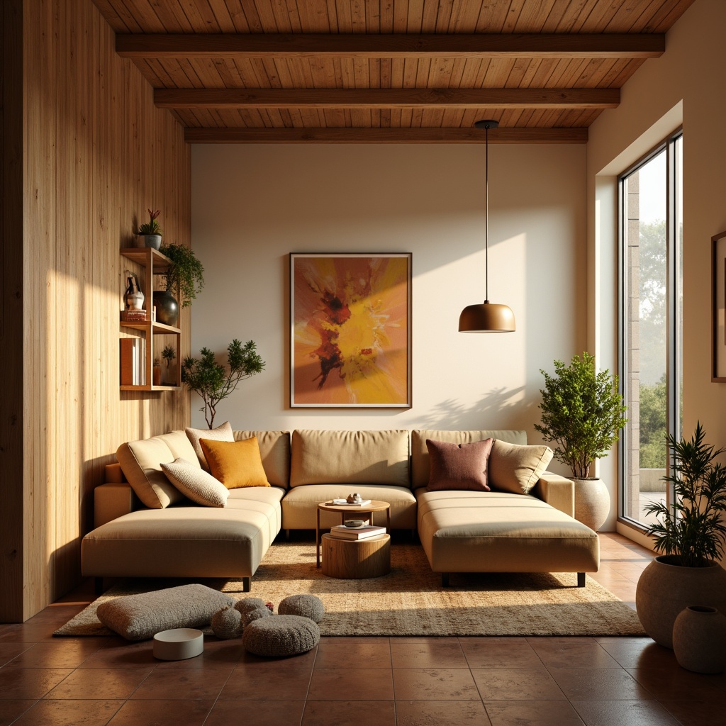 Prompt: Cozy living room, warm beige walls, rich walnut wood furniture, plush velvet sofa, soft golden lighting, natural textiles, earthy terracotta flooring, minimalist decorative accents, calming atmosphere, serene ambiance, 1/1 composition, warm white balance, shallow depth of field, realistic rendering.