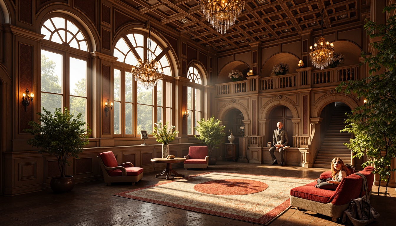 Prompt: Grandiose Renaissance-style interior, ornate chandeliers, crystal droplets, warm golden lighting, lavish furnishings, rich velvet fabrics, intricate wooden carvings, Baroque-inspired patterns, grand staircases, sweeping arches, majestic high ceilings, large windows, natural light pouring in, soft warm glow, subtle shadows, 1/1 composition, shallow depth of field, realistic textures, ambient occlusion.