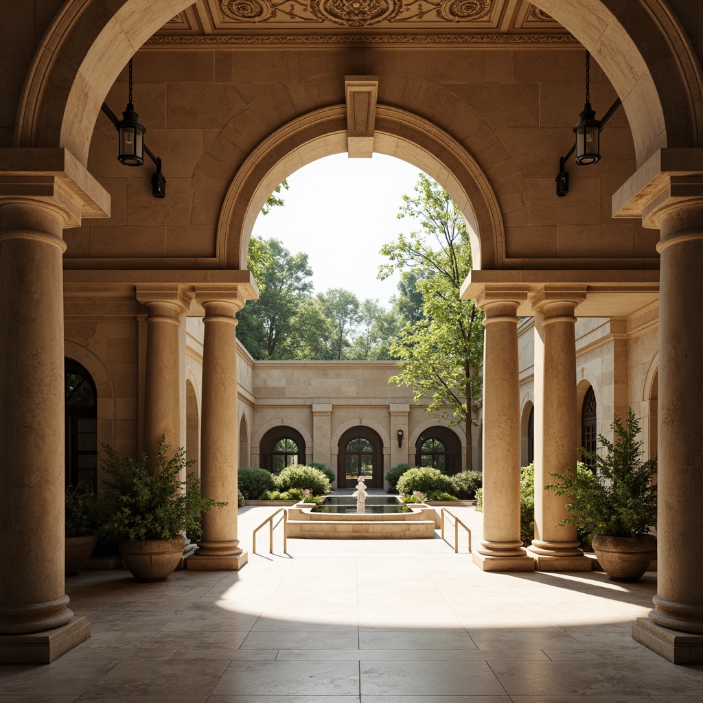 Prompt: Grand entrance archway, imposing stone pillars, ornate carvings, majestic vaulted ceiling, dramatic lighting effects, warm beige stonework, lush greenery surroundings, serene water features, elegant modern architecture, minimalistic design accents, polished metal handrails, spacious interior courtyard, shallow depth of field, 3/4 composition, realistic textures, ambient occlusion.