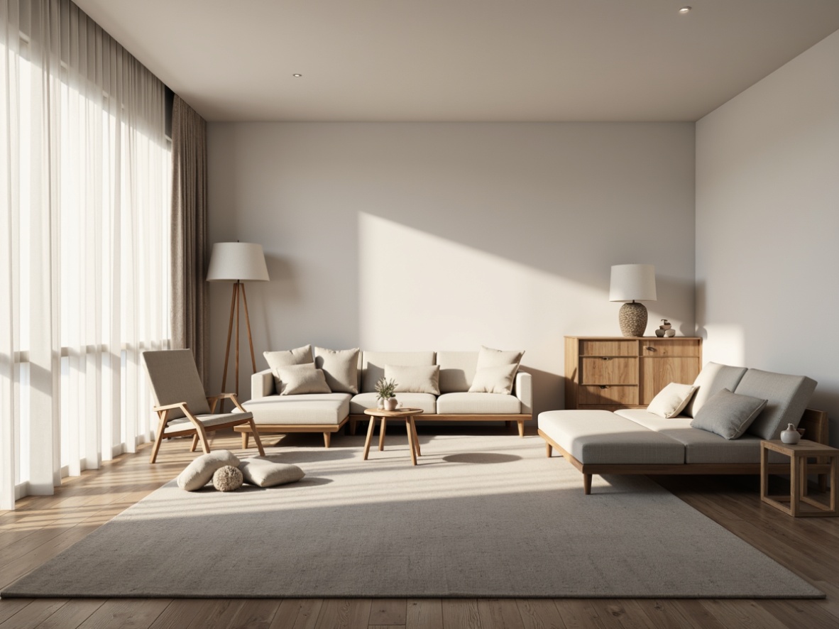 Prompt: Sparse furniture, monochromatic color scheme, soft ambient lighting, floor lamps, table lamps, natural light pouring in, sheer curtains, minimalist decor, empty spaces, clean lines, simple shapes, matte finishes, subtle textures, warm white tones, cozy atmosphere, low-contrast ratio, soft shadows, 1/1 composition, realistic rendering, atmospheric perspective.