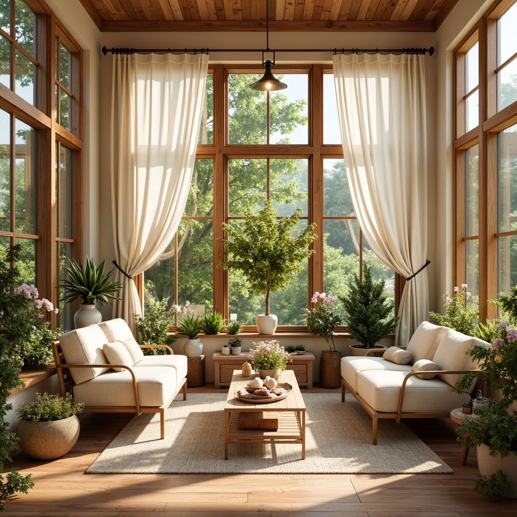 Prompt: Vibrant sunroom, warm beige walls, natural wood accents, lush greenery, blooming flowers, soft cream-colored furniture, golden metal fixtures, warm earthy tones, cozy textiles, plush throw pillows, creamy white curtains, abundant sunlight, bright airy atmosphere, 1/1 composition, shallow depth of field, realistic textures, ambient occlusion.