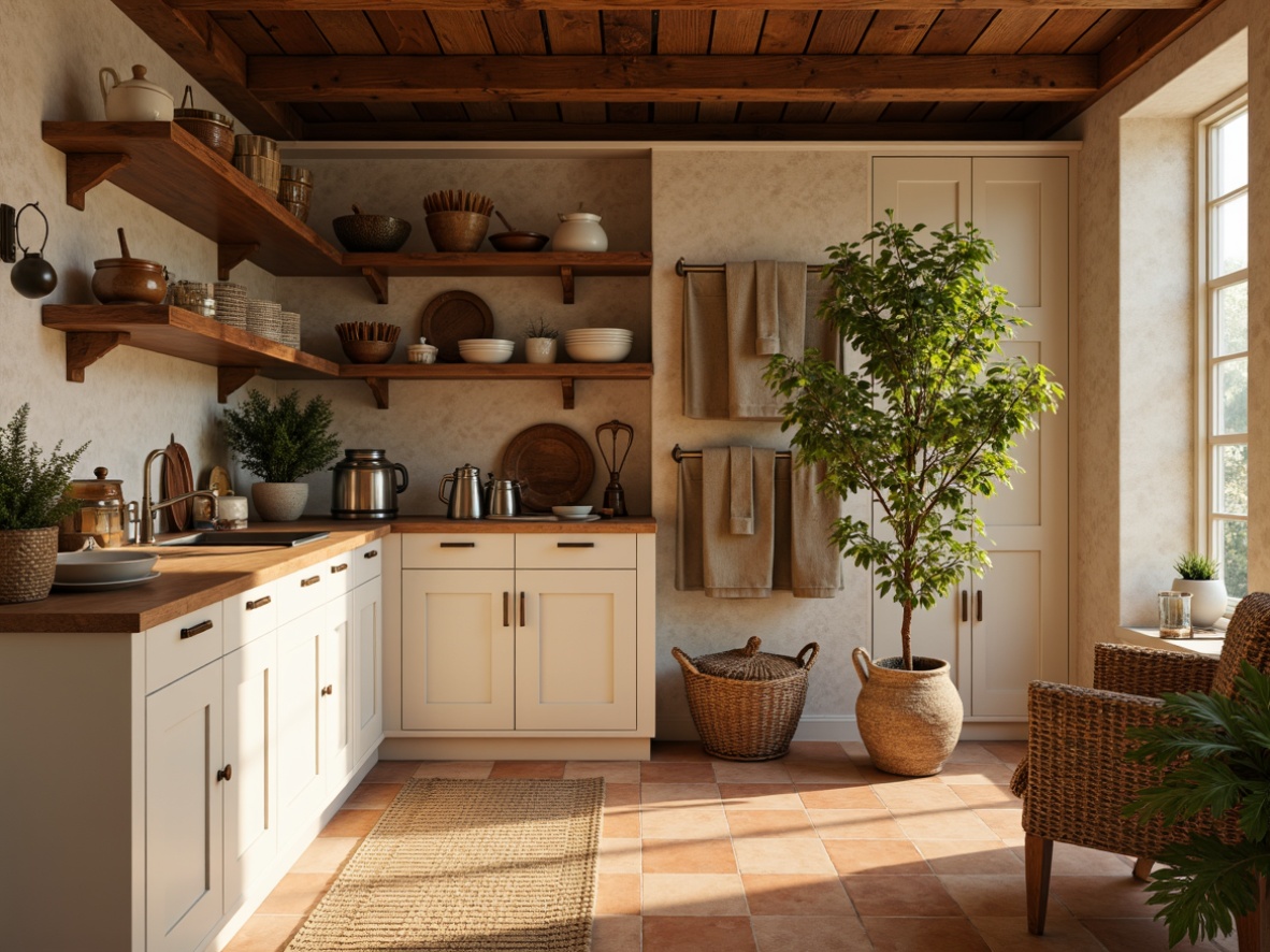 Prompt: Cozy pantry interior, warm beige walls, rustic wooden shelves, wicker baskets, earthy terracotta flooring, soft cream cabinetry, subtle bronze hardware, ambient warm lighting, shallow depth of field, 3/4 composition, realistic textures, natural fiber textiles, woven linen fabrics, organic patterned rugs, vintage-inspired kitchenware, ceramic storage jars, greenery accents, lush potted plants, morning sunlight, soft shadows.