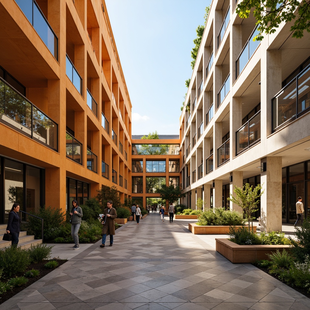 Prompt: Vibrant university campus, modern academic buildings, bold colored accents, warm beige stone walls, rich wood tones, subtle bronze metalwork, elegant glass railings, soft natural lighting, shallow depth of field, 1/2 composition, realistic textures, ambient occlusion;