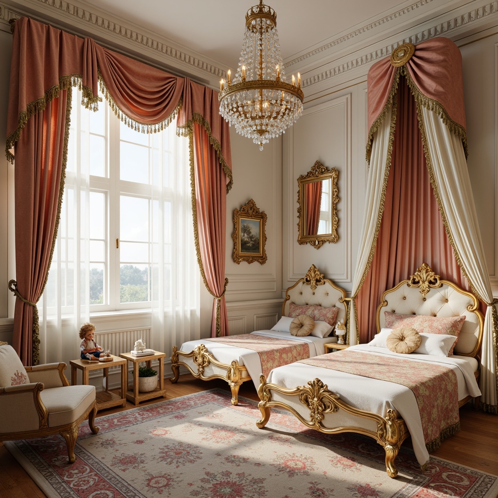 Prompt: Whimsical kids' room, ornate Baroque details, lavish furnishings, golden accents, intricate carvings, rich velvet fabrics, soft pastel colors, delicate lace trimmings, antique wooden furniture, regal canopy beds, tulle curtains, sparkling chandeliers, playful toy storage, educational wall art, lively patterned rugs, warm creamy lighting, shallow depth of field, 1/1 composition, ornate mirror frames, realistic textures, ambient occlusion.