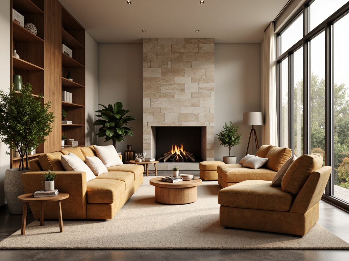 Prompt: Cozy living room, plush sofas, velvety armchairs, wooden coffee tables, soft cushions, warm beige carpets, natural stone fireplace, modern minimalist decor, calming color palette, floor-to-ceiling windows, abundant natural light, subtle ambient lighting, 1/1 composition, shallow depth of field, realistic textures, ambient occlusion.