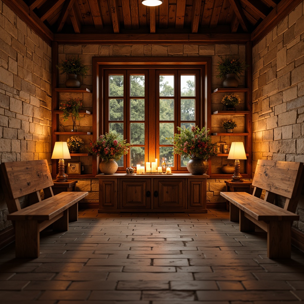 Prompt: Warm rustic memorial center, wooden accents, distressed stone walls, soft warm lighting, table lamps, candlelight, lanterns, dimmable LED lights, natural textures, earthy colors, comforting ambiance, solemn atmosphere, wooden benches, flower arrangements, gentle shadows, subtle gradients, 1/1 composition, shallow depth of field, realistic materials.