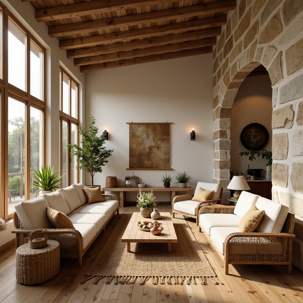 Prompt: Earth-toned living room, reclaimed wood flooring, natural stone walls, woven bamboo furniture, organic cotton upholstery, jute rugs, potted plants, soft warm lighting, cozy atmosphere, nature-inspired color palette, wooden accents, eco-friendly materials, minimalist decor, earthy scent, serene ambiance, 1/1 composition, realistic textures, ambient occlusion.