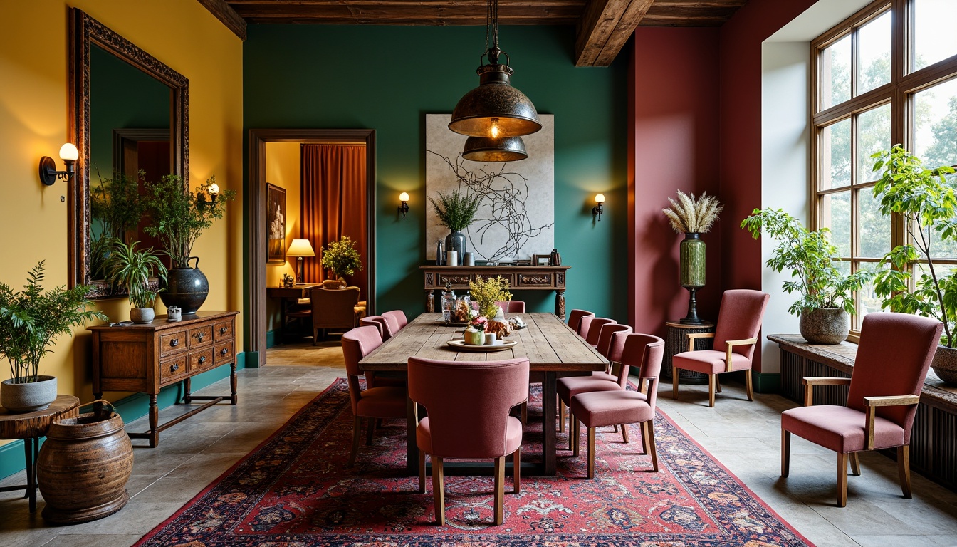 Prompt: Richly patterned rug, eclectic mix of antique and modern furniture, distressed wood dining table, velvet upholstered chairs, industrial metal light fixtures, abstract artwork, bold colorful walls, ornate mirrors, natural stone flooring, lush greenery, warm ambient lighting, dramatic ceiling height, oversized windows, bohemian-inspired textiles, unique decorative accessories.