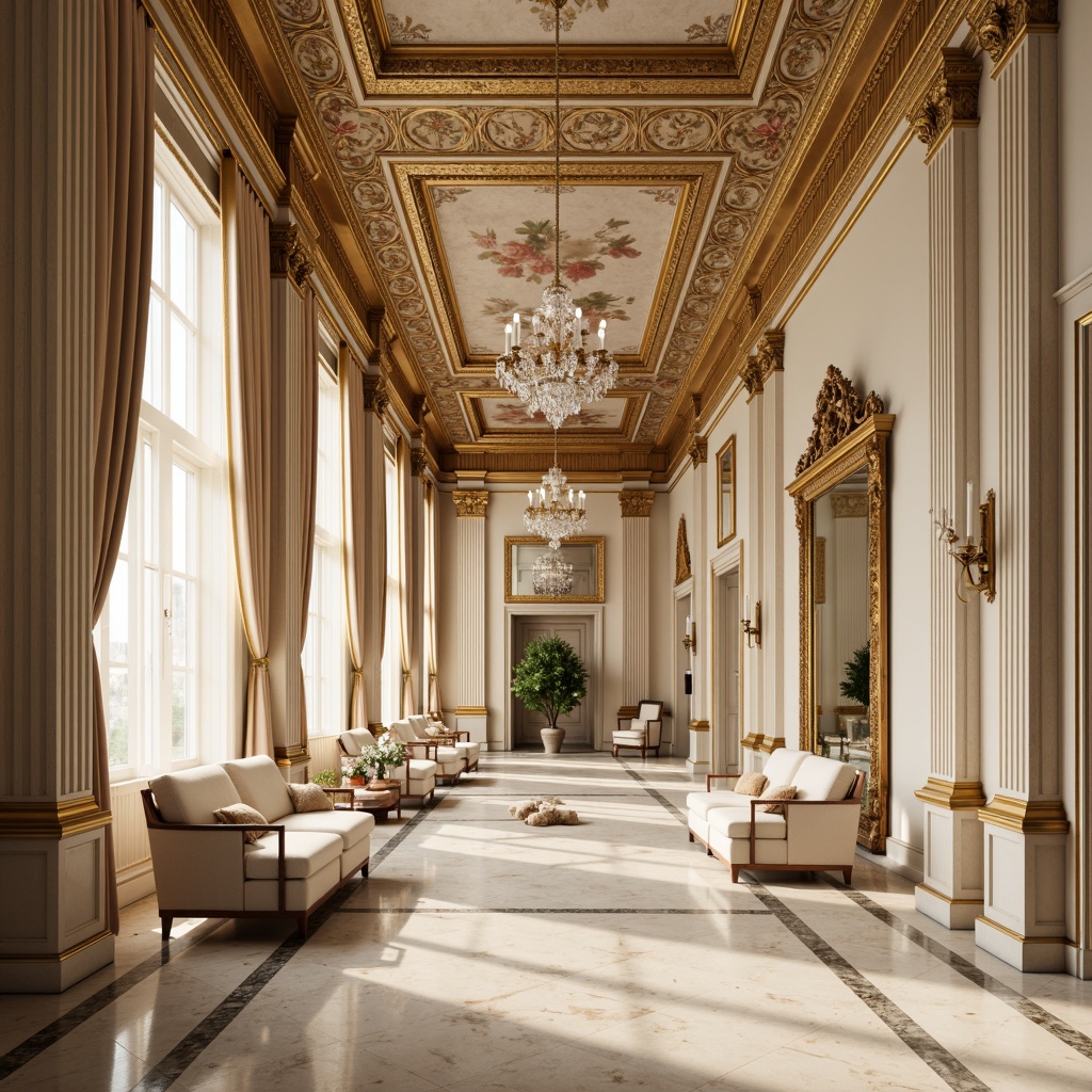 Prompt: Elegant Neoclassical interior, cream marble floors, ornate golden moldings, rich walnut wood paneling, soft velvet upholstery, ivory white walls, crystal chandeliers, subtle beige drapery, intricate fresco ceilings, ornamental mirrors, classic columns, symmetrical compositions, warm golden lighting, shallow depth of field, 1/1 composition, realistic textures, ambient occlusion.