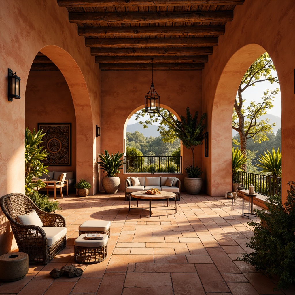 Prompt: Warm terracotta tiles, earthy color palette, rustic texture, Mediterranean-inspired decor, natural stone accents, curved archways, ornate ceramic patterns, warm golden lighting, cozy seating areas, lush greenery, vintage decorative accents, distressed wood furniture, soft warm atmosphere, shallow depth of field, 1/1 composition, realistic textures, ambient occlusion.