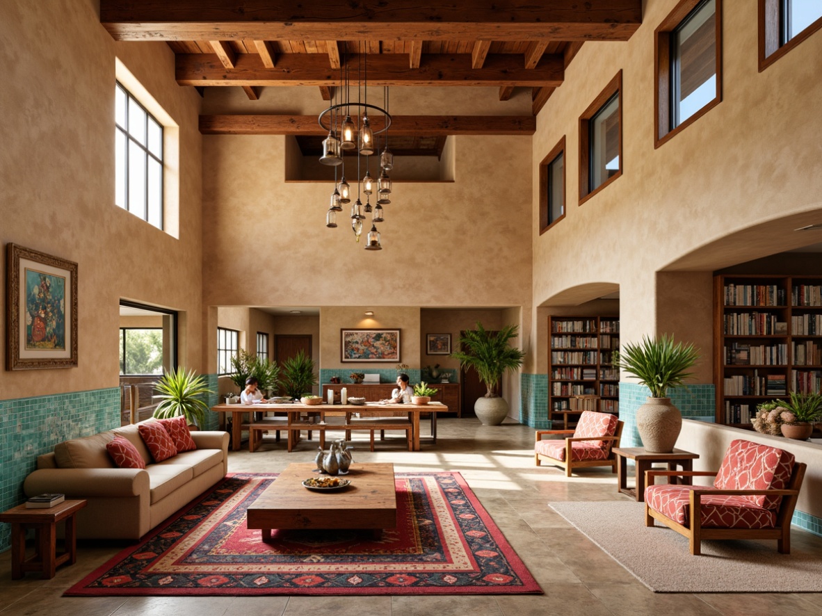 Prompt: Southwestern-inspired library interior, warm beige stucco walls, wooden accents, turquoise glass tiles, woven Navajo-patterned rugs, plush sofas, rustic wooden tables, pendant lanterns, natural stone flooring, earthy color palette, abundant natural light, clerestory windows, reading nooks, cozy corners, vibrant Southwestern artwork, geometric patterned fabrics, adobe-style architecture, warm ambient lighting, soft shadows, 1/2 composition, inviting atmosphere.