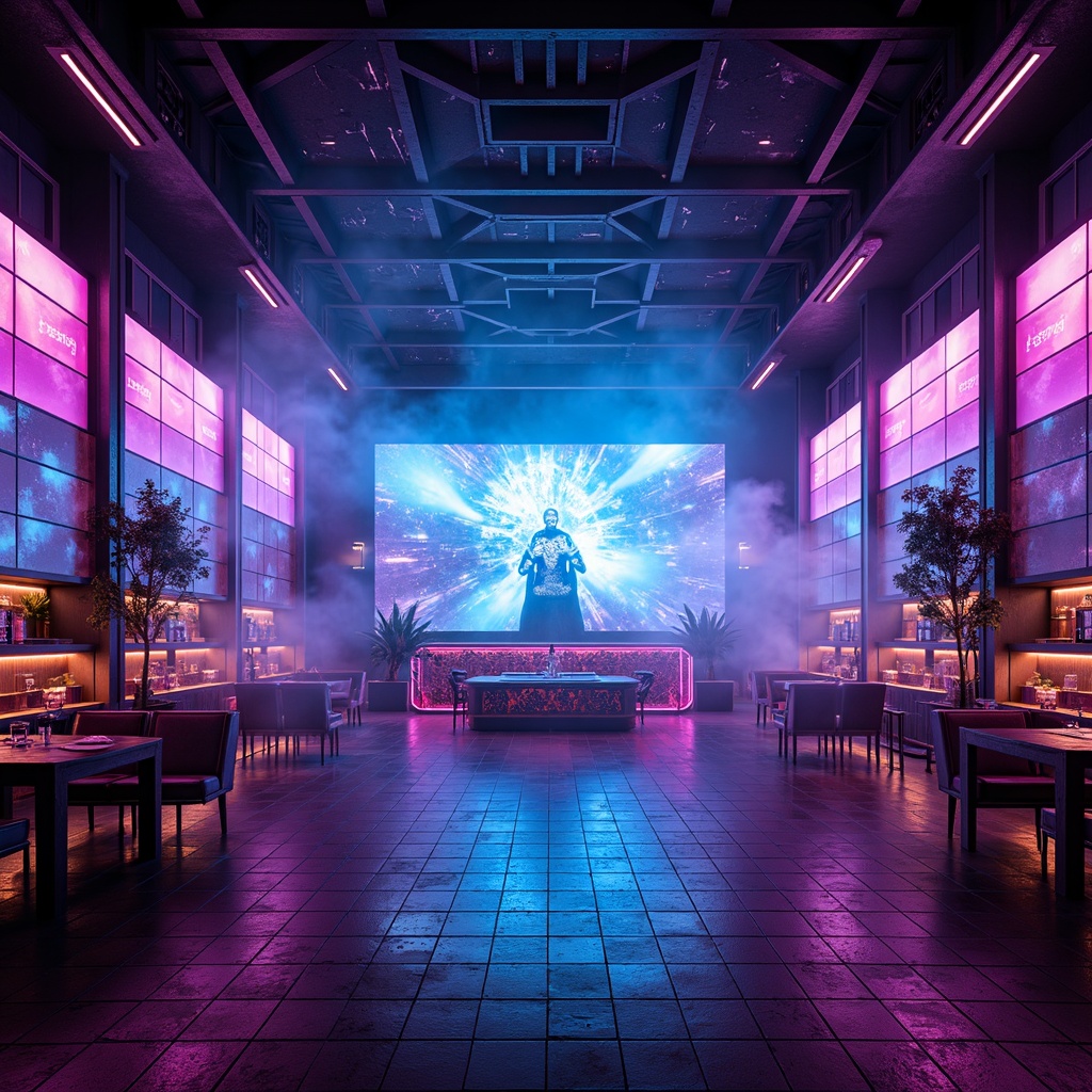 Prompt: Neon-lit dance floor, futuristic DJ booth, strobe lights, pulsing laser beams, glowing cocktails, iridescent bar surfaces, holographic projections, misty atmosphere, dark metallic accents, sleek LED strips, geometric patterns, shimmering fabrics, cosmic-inspired decorations, avant-garde seating areas, retro-futuristic lighting fixtures, 1/1 composition, high-contrast color scheme, dramatic shadows, ambient glow, panoramic view.