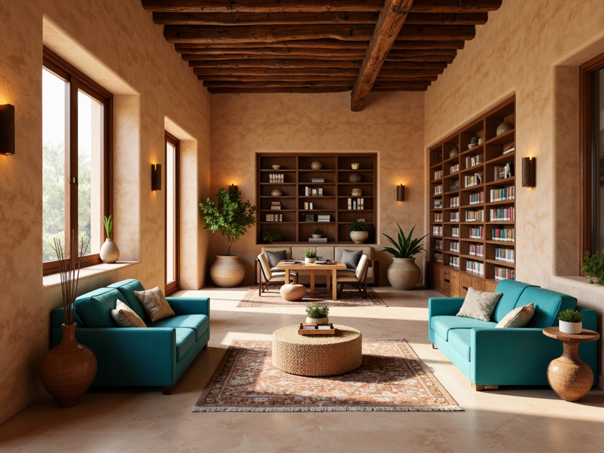 Prompt: Earthy tone library, warm adobe walls, textured stucco surfaces, wooden accents, rustic bookshelves, comfortable reading nooks, vibrant turquoise furniture, geometric patterned rugs, natural fiber textiles, earthy scent, abundant natural light, high ceilings, wooden beams, Southwestern-inspired ornaments, clay pottery vases, desert botanicals, warm beige floors, cozy study areas, soft warm lighting, shallow depth of field, 1/2 composition, realistic textures, ambient occlusion.