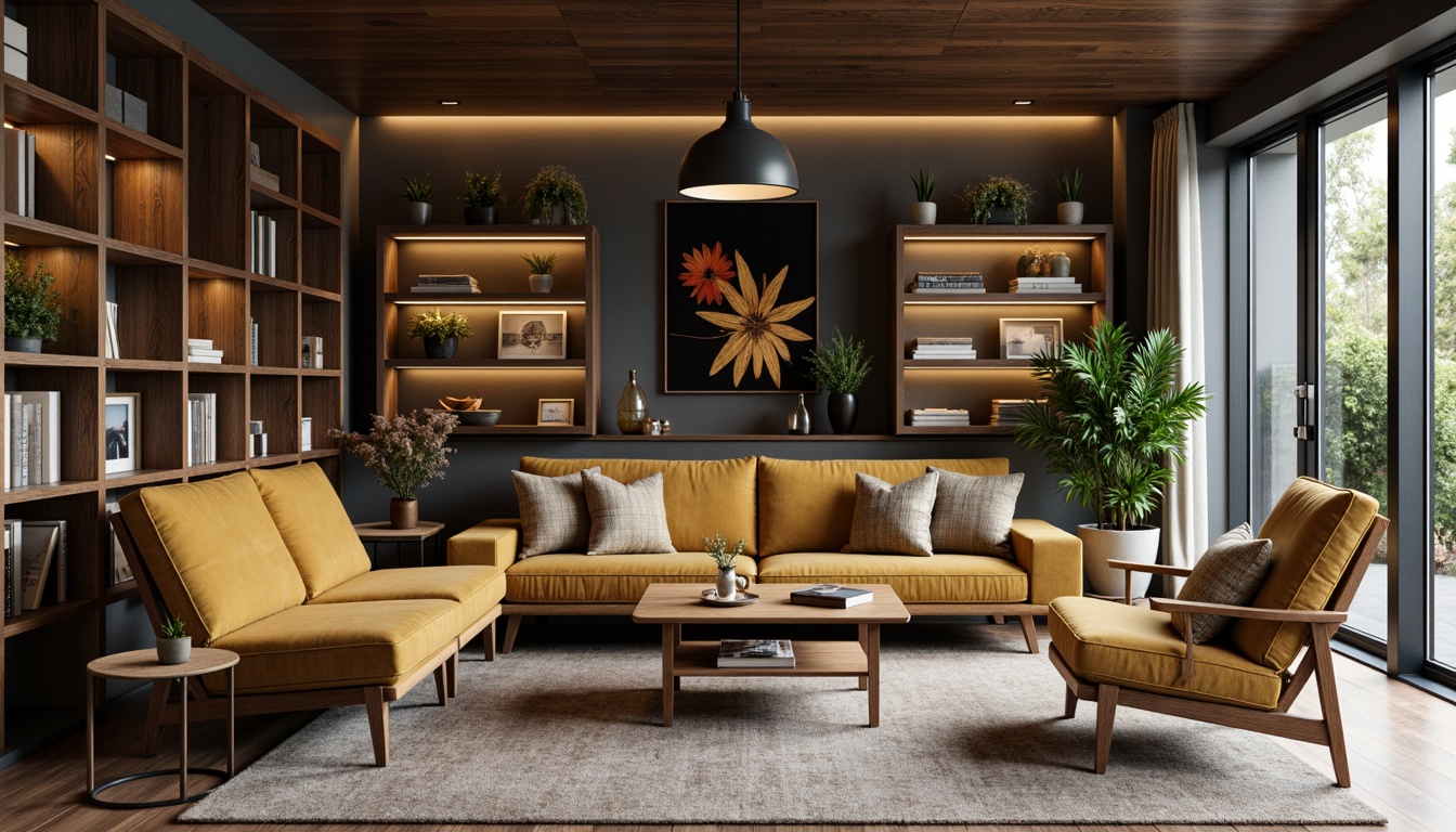 Prompt: Mid-century modern sofa, velvet upholstery, wooden legs, tufted pillows, minimalist coffee table, industrial metal chairs, reclaimed wood accents, earthy color palette, natural textiles, woven baskets, pendant lighting, cozy reading nook, functional shelving units, ergonomic design, sustainable materials, matte black finishes, soft warm glow, shallow depth of field, 1/1 composition, realistic textures, ambient occlusion.