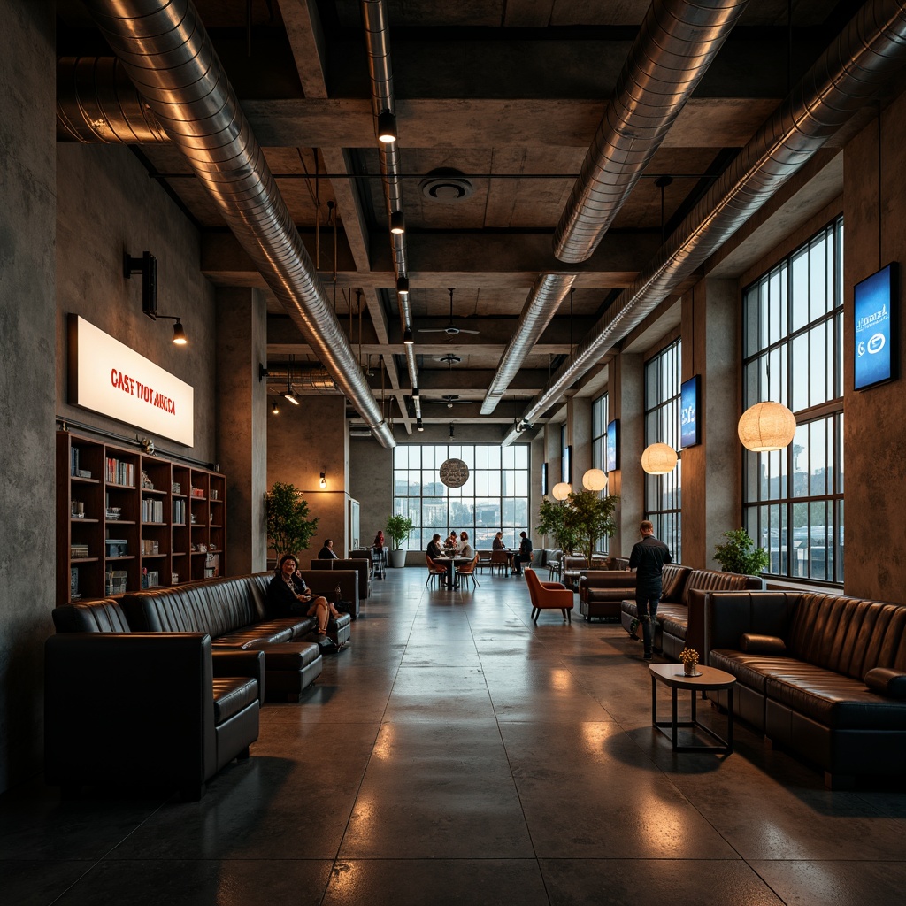 Prompt: Moody airport interior, industrial Gothic architecture, exposed ductwork, distressed concrete walls, metallic accents, dark wood tones, rich leather upholstery, vintage luggage racks, nostalgic signage, atmospheric lighting, warm neon glow, misty ambiance, 1/1 composition, cinematic color grading, realistic textures, ambient occlusion.