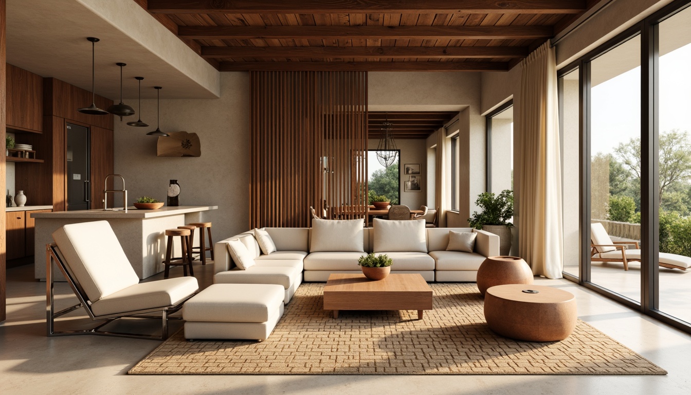 Prompt: Rich walnut wood accents, sleek chrome metal legs, plush velvet upholstery, natural woven textiles, earthy terracotta pottery, smooth marble countertops, geometric patterned rugs, organic shape furniture, warm beige stucco walls, large glass windows, sliding doors, open floor plan, minimalist decor, subtle lighting, soft shadows, 1/1 composition, realistic rendering, atmospheric perspective.