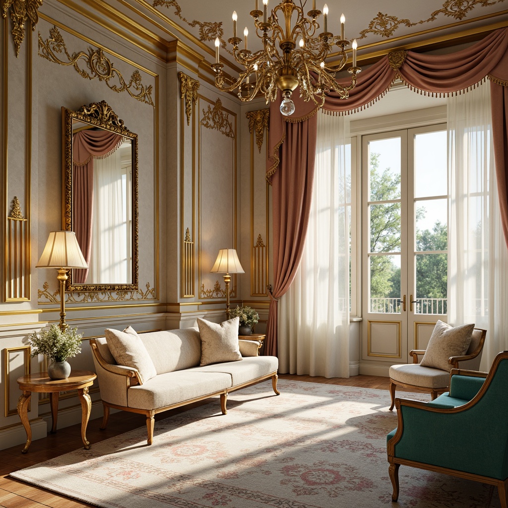 Prompt: Lavish Rococo interior, soft golden hues, creamy whites, gentle pinks, rich turquoise, ornate gold accents, intricate patterns, delicate florals, velvet fabrics, luxurious textures, Baroque-inspired architecture, grandiose chandeliers, ornamental mirrors, warm candlelight, shallow depth of field, 1/1 composition, realistic rendering, soft focus, ambient occlusion.