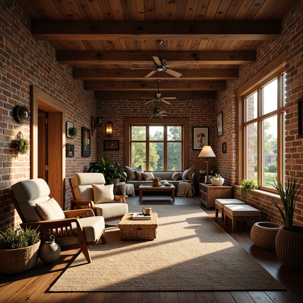 Prompt: Rustic farmhouse interior, warm earthy tones, vintage lighting fixtures, metal lanterns, pendant lights, wooden beams, exposed brick walls, cozy reading nooks, plush armchairs, natural fabrics, woven baskets, traditional farm tools, distressed wood accents, soft warm glow, table lamps, floor lamps, ambient lighting, high ceilings, large windows, abundant natural light, sunny day, warm color temperature, soft shadows, 1/1 composition, realistic textures, subtle grain.