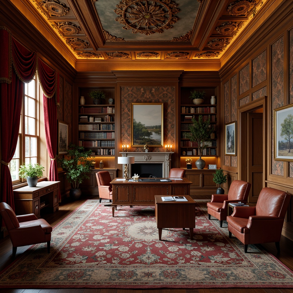 Prompt: Richly patterned wallpaper, ornate wooden wainscoting, decorative ceiling medallions, intricately carved furniture, plush velvet drapes, warm golden lighting, luxurious fabrics, elegant crown molding, classic bookshelves, vintage office supplies, distressed leather armchairs, ornamental fireplaces, 3/4 composition, soft focus, warm color palette, intimate atmosphere.