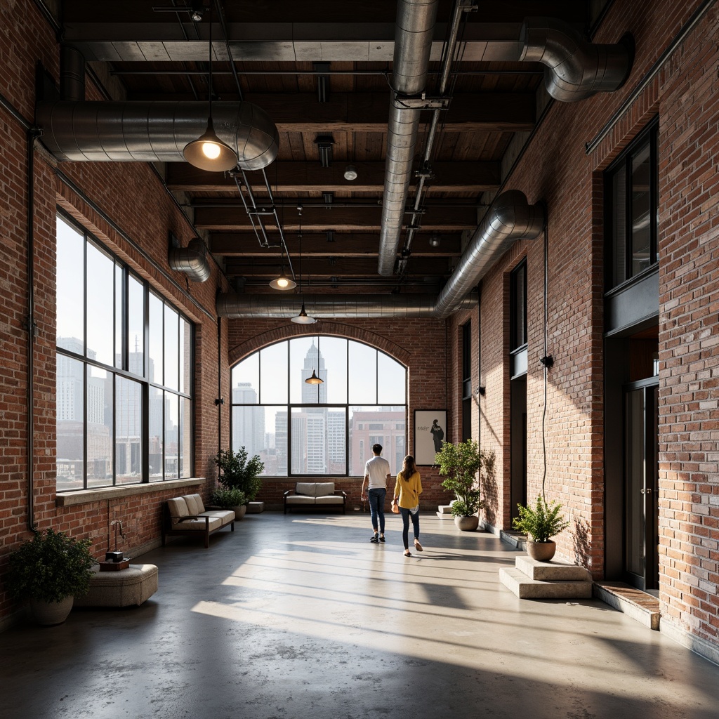 Prompt: Exposed brick walls, metal beams, polished concrete floors, industrial lighting fixtures, reclaimed wood accents, urban loft atmosphere, modern minimalist decor, functional pipes and ducts, distressed finishes, neutral color palette, natural textures, edgy architectural lines, open-plan layout, oversized windows, cityscape views, dramatic shadows, high-contrast lighting, dynamic composition, cinematic mood.