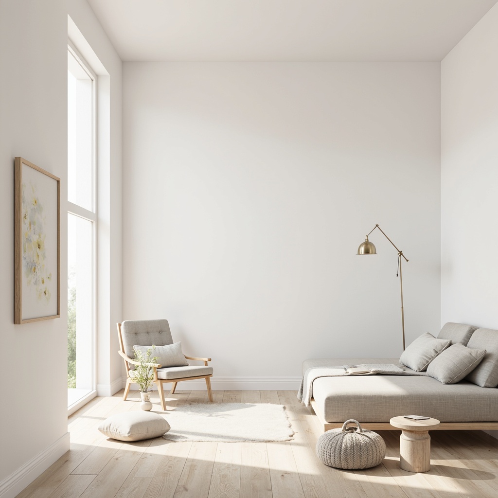 Prompt: Monochromatic interior space, soft white walls, pale wood flooring, minimalist furniture, sleek metal accents, subtle texture contrasts, calming beige tones, muted pastel hues, natural light pouring in, airy atmosphere, shallow depth of field, 1/1 composition, realistic materials, ambient occlusion, warm tone lighting, gentle shadows.