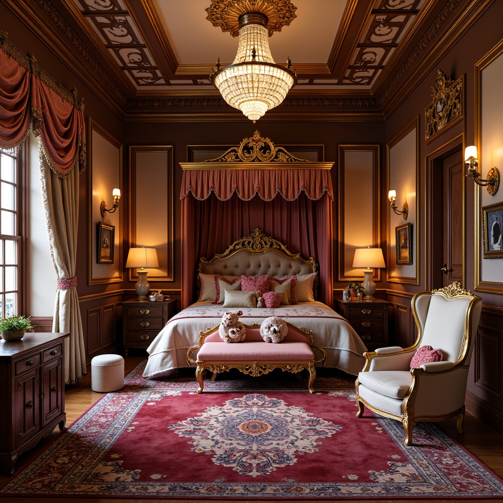 Prompt: Luxurious kids' bedroom, ornate furnishings, carved wooden furniture, gilded accents, velvet upholstery, rich jewel-toned colors, intricately patterned rugs, golden lighting fixtures, crystal chandeliers, plush toys, regal throne-like chairs, lavish canopies, soft romantic drapery, warm cozy atmosphere, shallow depth of field, 1/1 composition, detailed textures, subtle ambient occlusion.