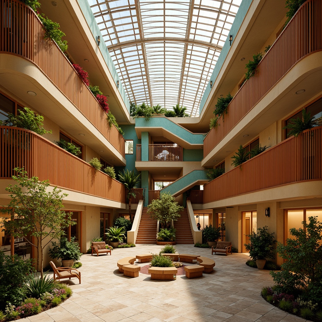 Prompt: Vibrant cultural center, rich wood accents, earthy terracotta tones, bold turquoise hues, warm golden lighting, creamy beige walls, intricate tile patterns, lush greenery, natural stone floors, curved architectural lines, grand atrium spaces, soft ambient illumination, 1/1 composition, realistic textures, ambient occlusion.