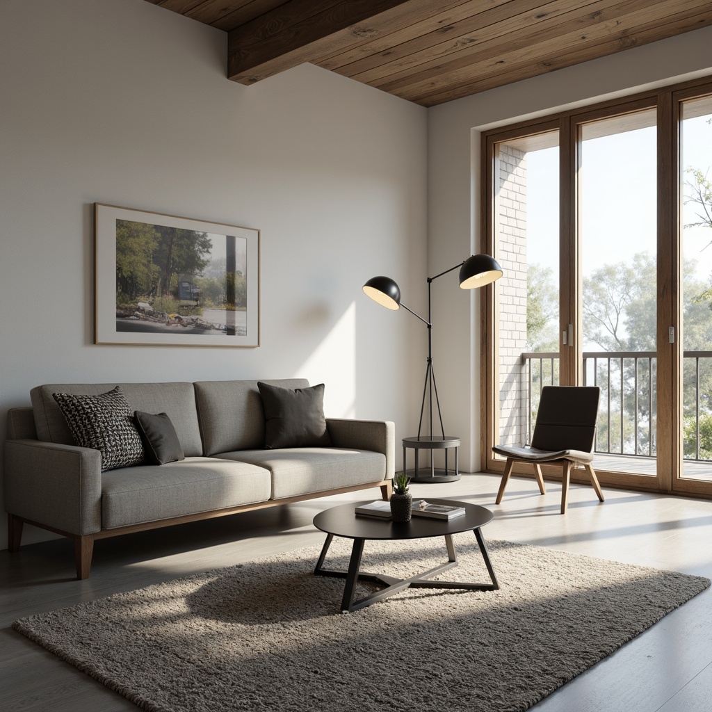 Prompt: Minimalist living room, sparse decor, low-profile furniture, sleek lines, monochromatic color scheme, polished concrete floors, geometric-shaped coffee table, slim metal legs, plush area rug, industrial-chic lighting fixtures, floor-to-ceiling windows, abundant natural light, soft warm glow, shallow depth of field, 2/3 composition, subtle textures, ambient occlusion.