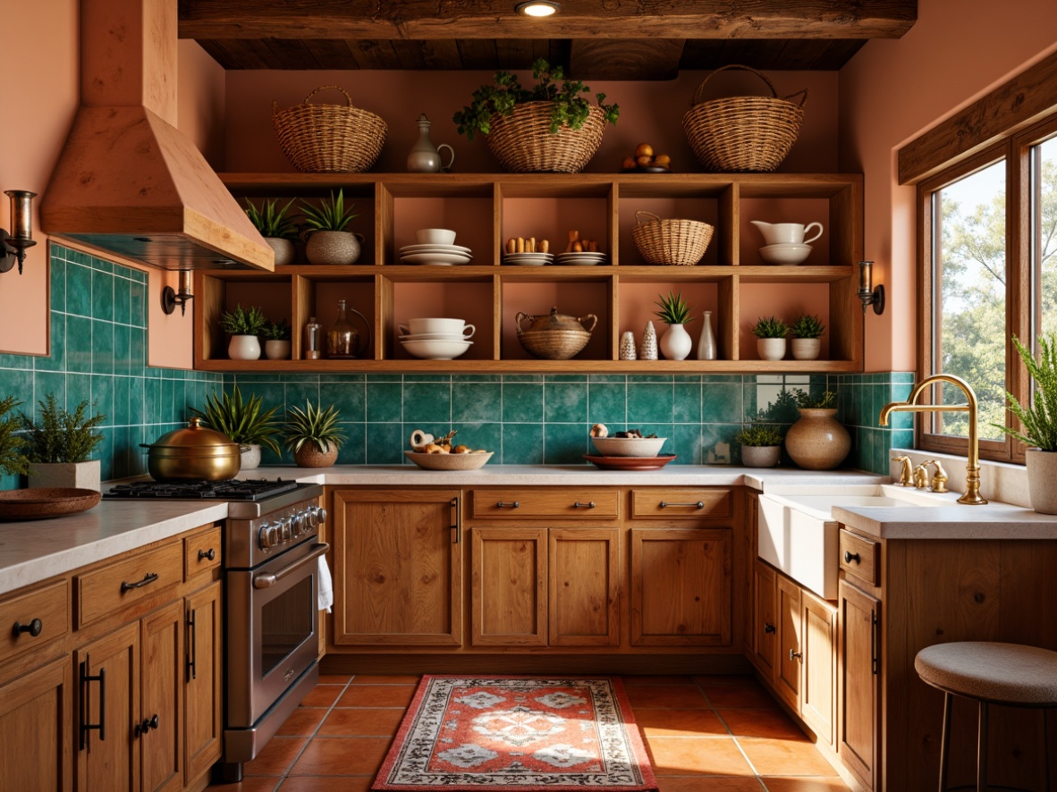 Prompt: Southwestern pantry, warm earthy tones, rustic wooden cabinets, natural stone countertops, terracotta tile backsplashes, woven basket storage, potted cacti, vibrant turquoise accents, warm bronze hardware, decorative ceramic tiles, ambient soft lighting, 1/1 composition, intimate cozy atmosphere.