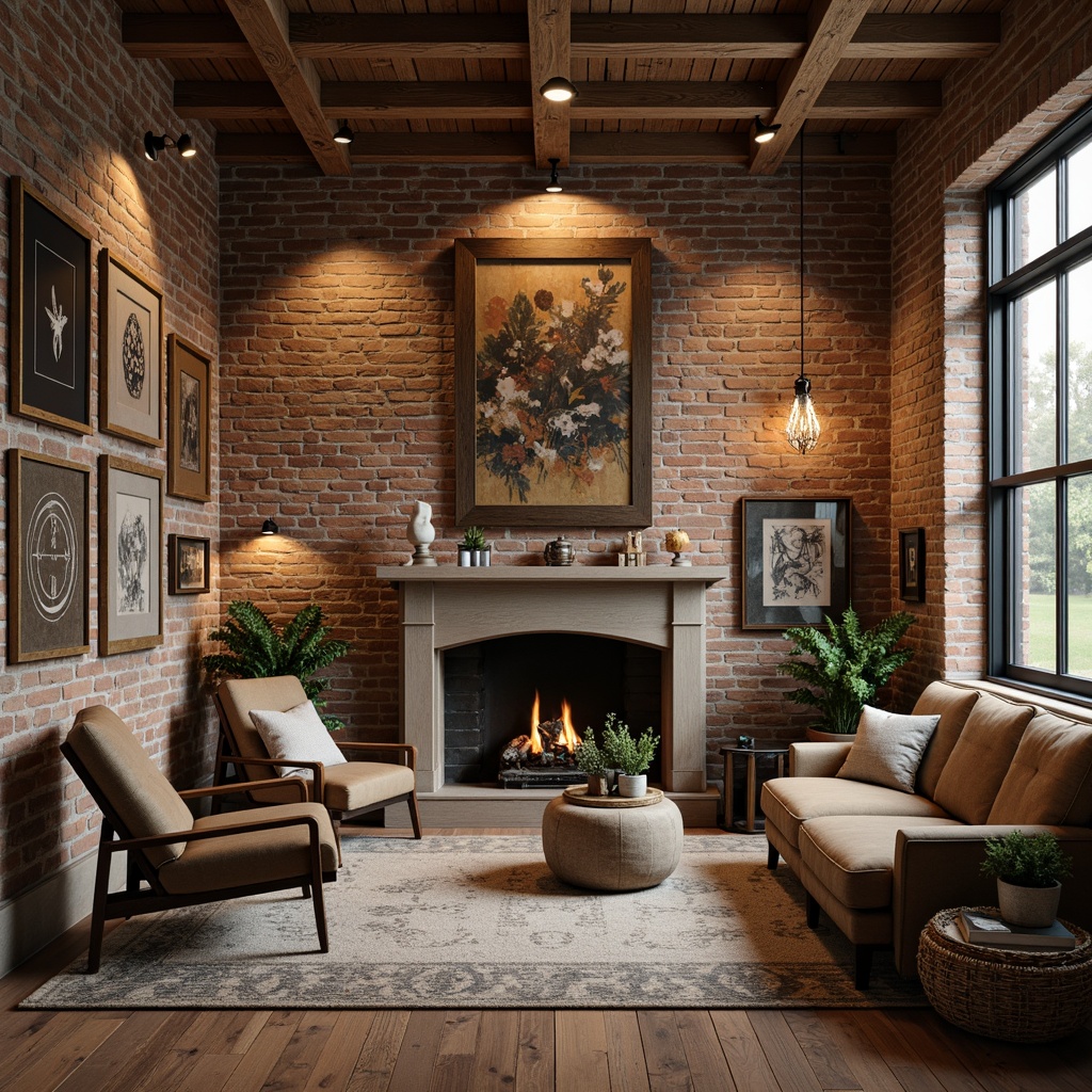 Prompt: Reclaimed wood accents, exposed brick textures, industrial metal frames, rustic stone walls, earthy color palette, organic shapes, natural materials, distressed finishes, vintage decorative elements, eclectic art pieces, cozy ambient lighting, shallow depth of field, 1/2 composition, warm neutral tones, soft focus, realistic textures, subtle reflections.