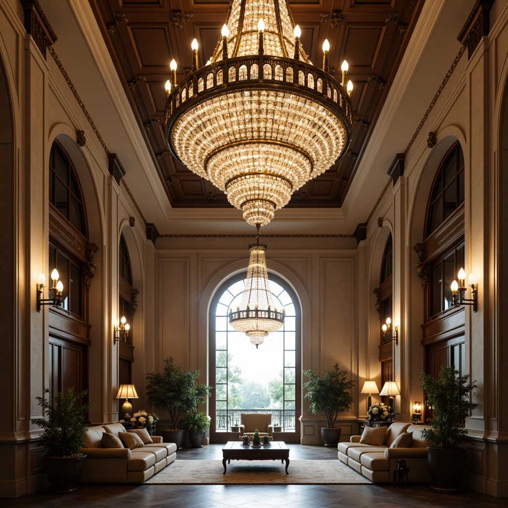 Prompt: Dramatic chandelier, ornate metalwork, crystal droplets, luxurious gold accents, lavish ceiling fixture, grand entrance hall, high ceilings, opulent furnishings, sophisticated ambiance, warm soft lighting, low-key shadows, 1/1 composition, realistic reflections, ambient occlusion.