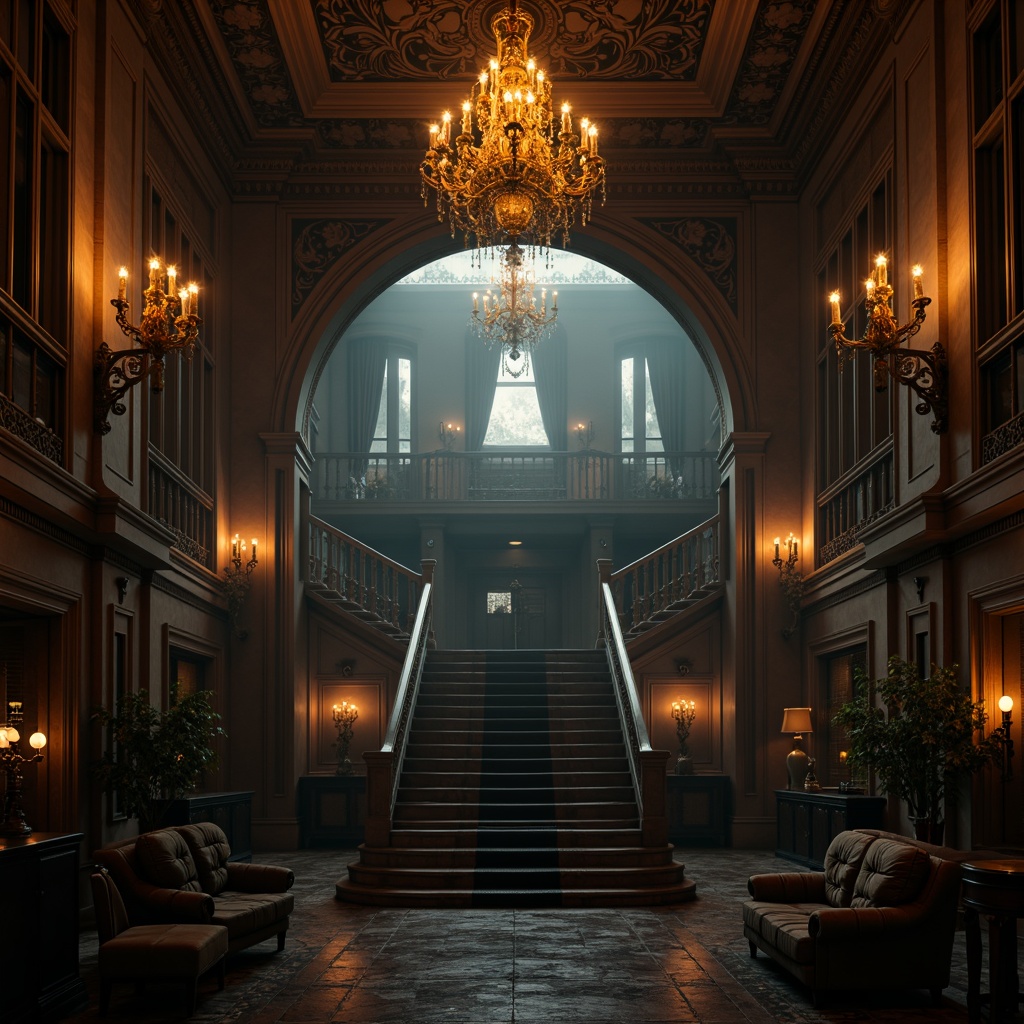 Prompt: Dark mysterious mansion, grand chandeliers, warm golden lighting, dramatic shadows, high-contrast ratios, intense spotlights, foggy atmosphere, misty veil, eerie silence, suspenseful ambiance, cinematic composition, low-key lighting, rich textures, ornate furnishings, luxurious fabrics, majestic staircases, opulent decor, mysterious corridors, dimly lit rooms, flickering candles, dynamic lighting transitions, realistic reflections, ambient occlusion.