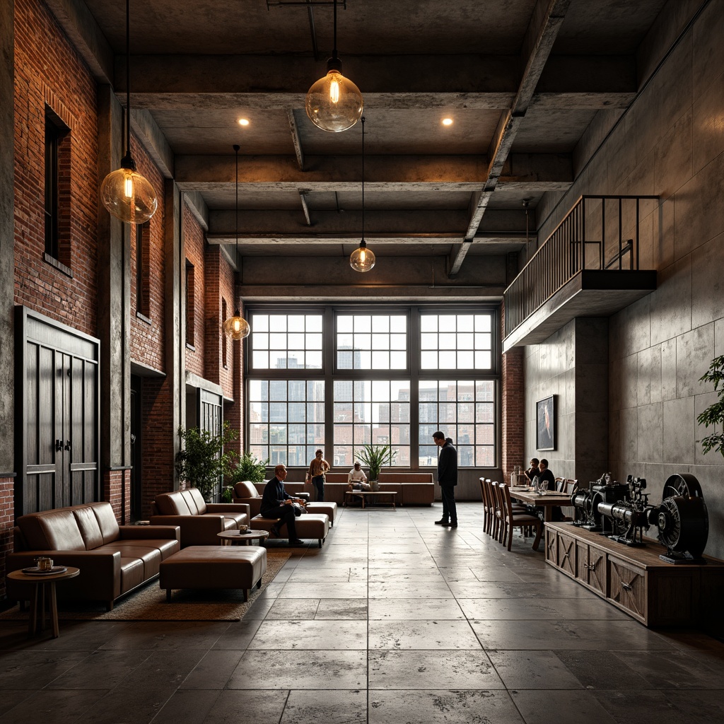 Prompt: Exposed brick walls, metal beams, reclaimed wood floors, industrial-grade steel doors, concrete ceilings, Edison bulb lighting, distressed leather sofas, vintage machinery displays, urban cityscape views, modern minimalist decor, polished chrome accents, neutral color palette, raw unfinished textures, brutalist architectural elements, functional industrial equipment, warehouse-inspired open spaces, lofty high ceilings, natural light pouring in through large windows, warm atmospheric glow, shallow depth of field, 2/3 composition, cinematic lighting.