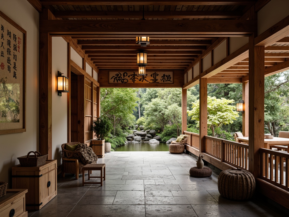 Prompt: Traditional Japanese lanterns, natural wood accents, woven bamboo furniture, paper lantern ceiling lights, hand-painted sliding doors, intricate wooden carvings, serene water features, lush greenery, stone pathways, rustic wooden crates, vintage Asian-inspired posters, warm ambient lighting, soft shadows, shallow depth of field, 1/2 composition, realistic textures, subtle atmospheric effects.