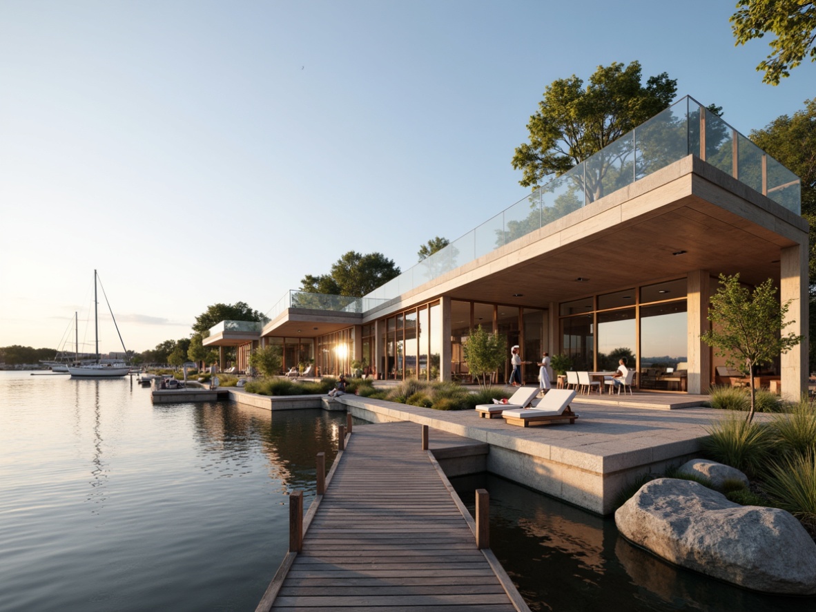 Prompt: Waterfront location, tranquil lake scenery, wooden dock, sailboats, postmodern boathouse, translucent partitions, reflective glass surfaces, angular lines, minimalist design, nautical-themed decor, rustic wood accents, natural stone flooring, earthy color palette, soft warm lighting, shallow depth of field, 3/4 composition, panoramic view, realistic textures, ambient occlusion.