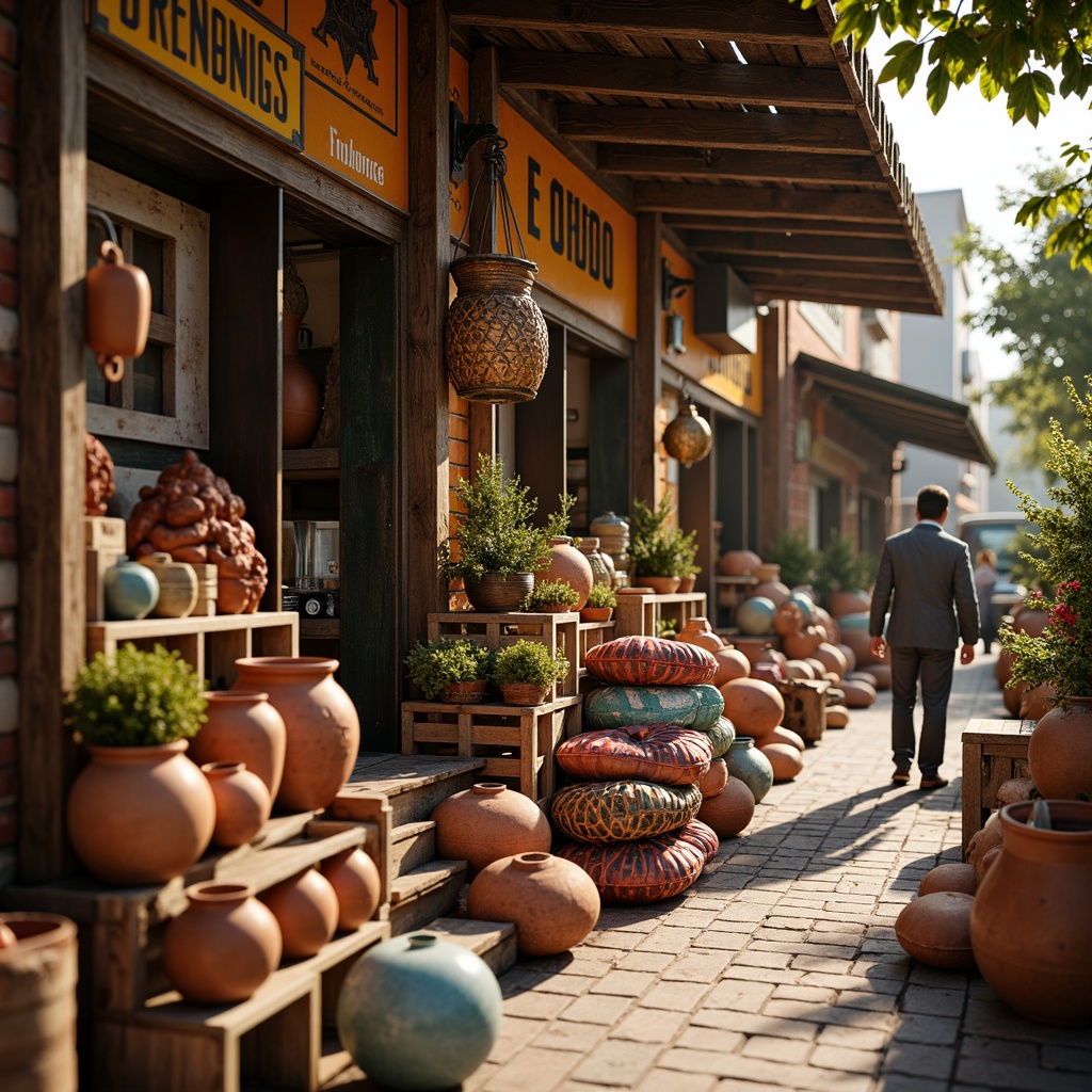 Prompt: Vibrant market stalls, rustic wooden crates, eclectic vintage decor, distressed metal signs, woven wicker baskets, earthy terracotta pots, colorful Moroccan tiles, plush oversized cushions, ornate Indian-inspired carvings, warm golden lighting, shallow depth of field, 1/1 composition, realistic textures, ambient occlusion, lively street food vendors, bustling marketplace atmosphere.