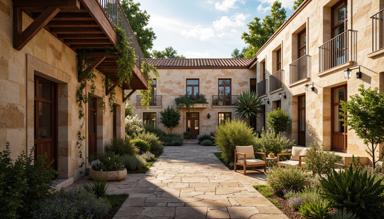 Prompt: Weathered stone walls, rustic Mediterranean architecture, warm beige color palette, distressed finishes, ornate carvings, wrought iron balconies, sun-kissed terracotta roofs, lush greenery, climbing vines, fragrant herbs, soft warm lighting, shallow depth of field, 3/4 composition, panoramic view, realistic textures, ambient occlusion.