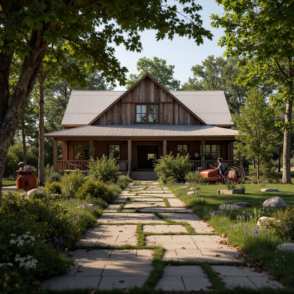 Prompt: Rustic institute farmhouse, weathered wooden planks, distressed metal roofs, vintage agricultural equipment, lush greenery, overgrown gardens, worn stone pathways, earthy tones, natural materials, reclaimed wood accents, exposed brick walls, industrial metal frames, soft warm lighting, shallow depth of field, 1/1 composition, realistic textures, ambient occlusion.