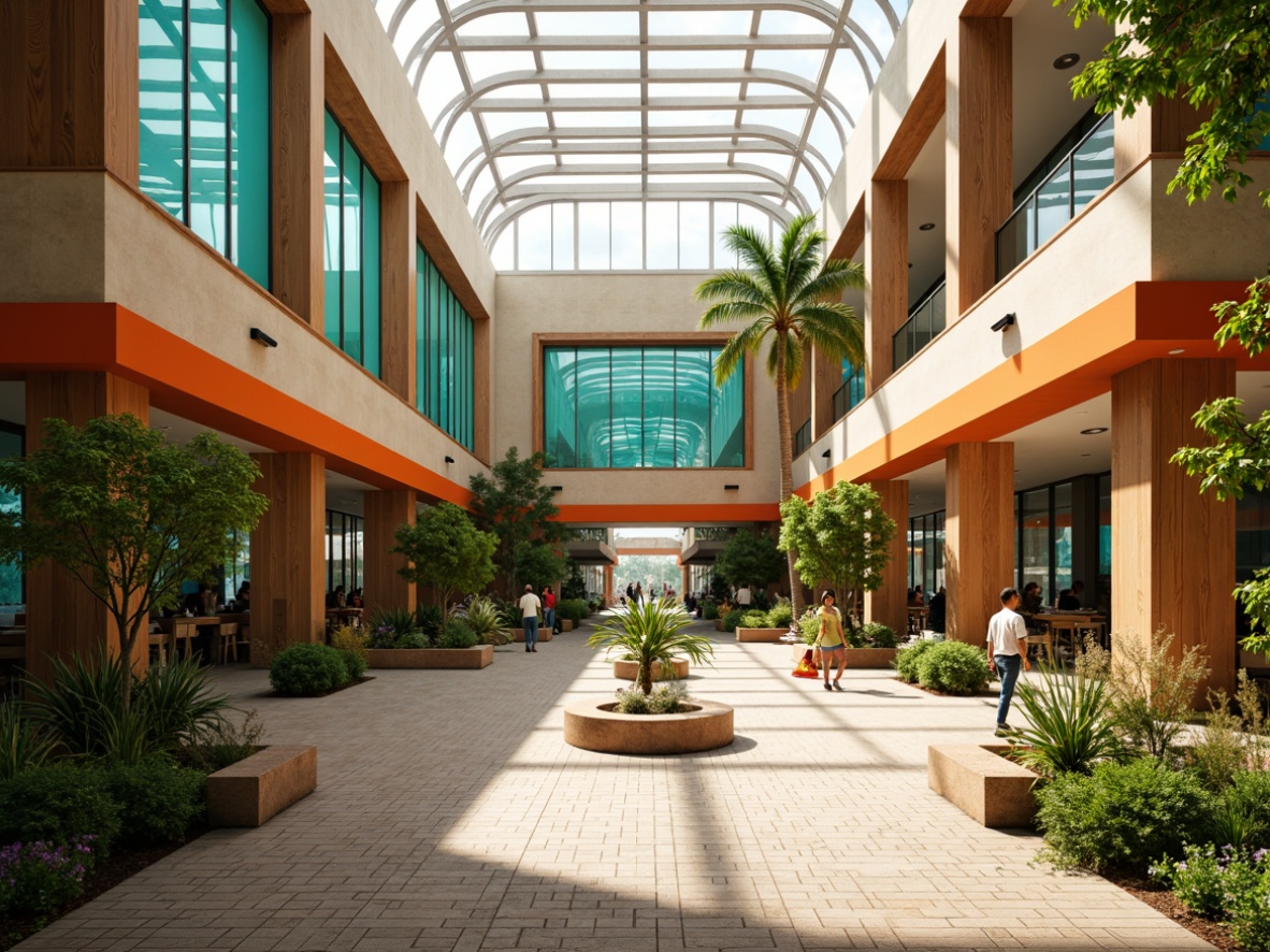 Prompt: Mid-century modern bus station, earthy tone color palette, warm beige walls, rich walnut wood accents, bold turquoise glass panels, vibrant orange signage, sleek chrome fixtures, geometric patterned ceramic tiles, natural stone flooring, ample skylights, abundant greenery, tropical plants, sunny day, soft diffused lighting, 1/1 composition, symmetrical architecture, minimalist decor, retro-futuristic vibe.