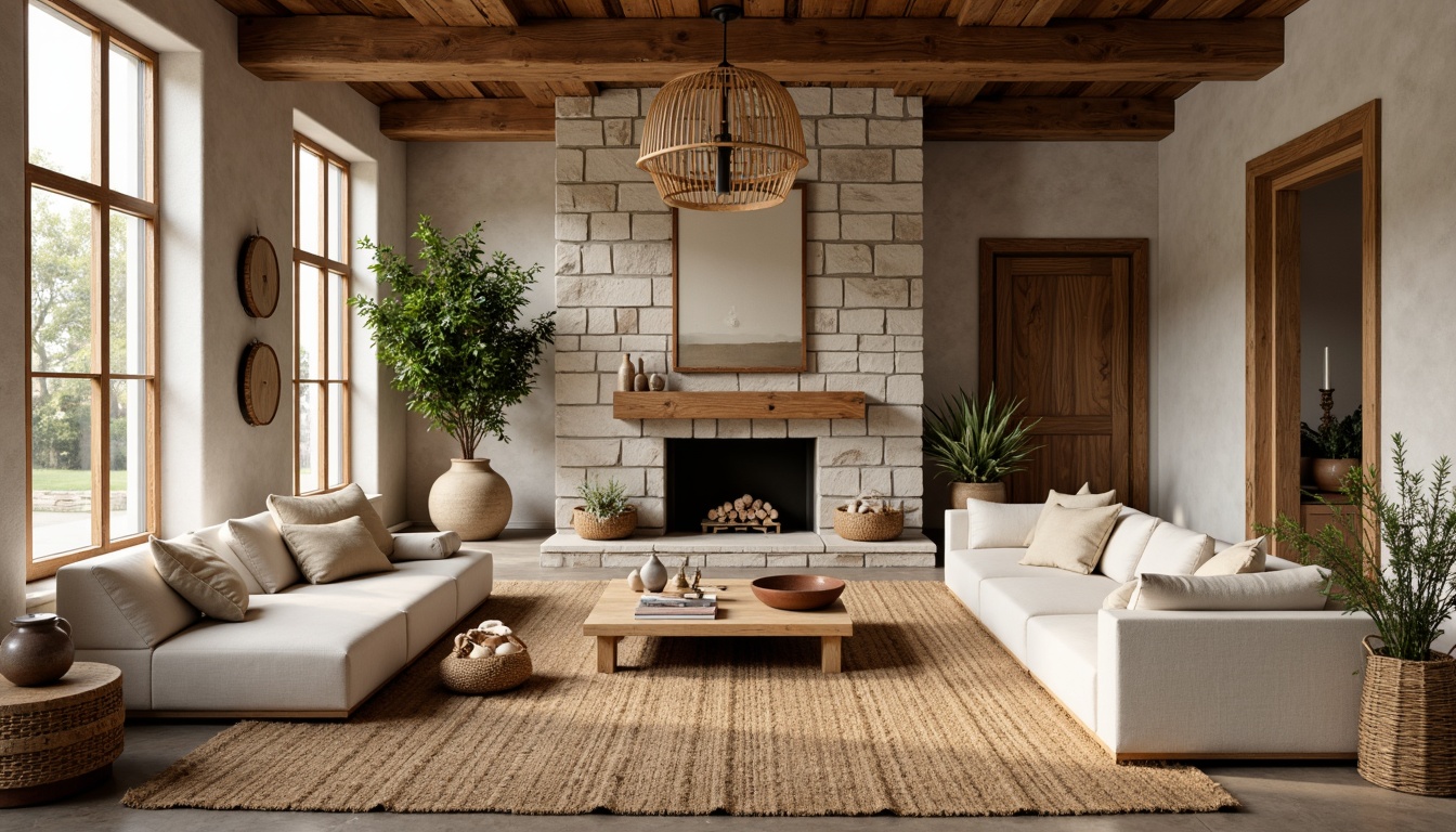 Prompt: Earthy living room, reclaimed wood furniture, natural stone walls, woven wicker baskets, jute rugs, linen upholstery, rattan lighting fixtures, earthy color palette, organic shapes, minimalist decor, floor-to-ceiling windows, soft warm lighting, shallow depth of field, 3/4 composition, realistic textures, ambient occlusion.