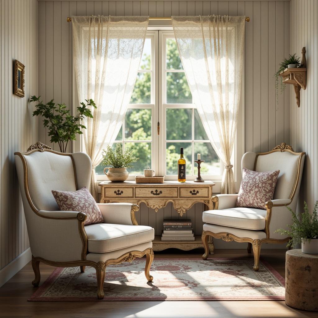 Prompt: Distressed vintage furniture, soft pastel hues, creamy whites, warm beiges, gentle blues, pale pinks, lavender accents, rustic wood tones, antique metallic finishes, lace curtains, floral patterns, natural linen fabrics, subtle texture overlays, morning sunlight, soft focus, shallow depth of field, 2/3 composition, romantic atmosphere.