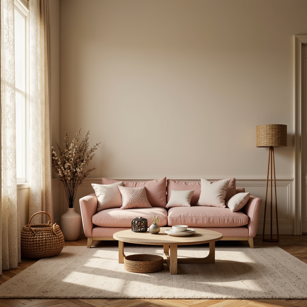 Prompt: Cozy living room, plush velvet sofa, soft cushions, warm beige walls, natural wood flooring, minimalist coffee table, modern floor lamp, woven baskets, pastel-colored throw pillows, delicate lace curtains, subtle patterned rug, inviting atmosphere, softbox lighting, 1/1 composition, shallow depth of field, realistic textures.