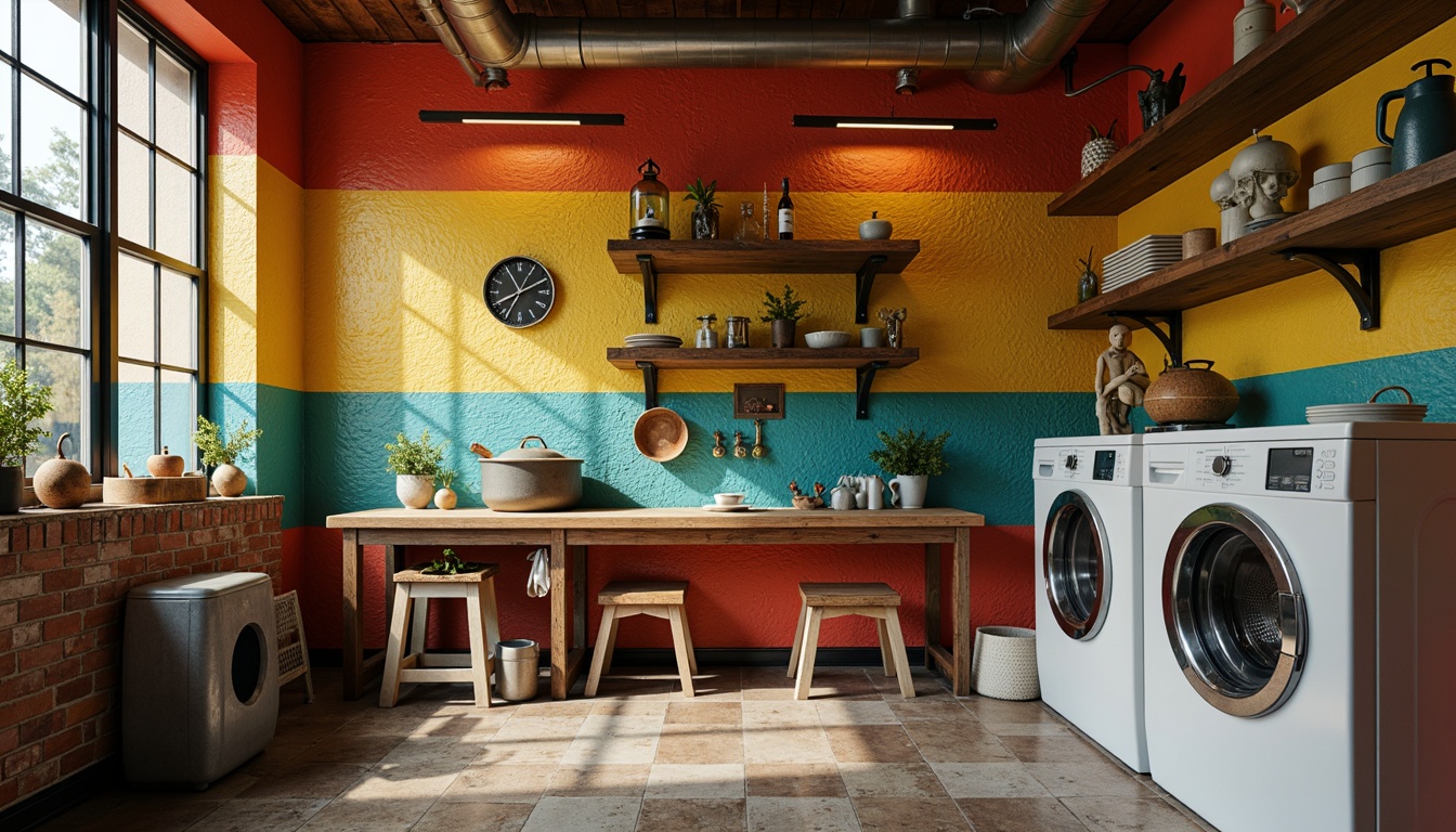 Prompt: Retro-style laundry room, textured walls, bold color blocking, playful patterns, eclectic decor, vintage washing machines, distressed wood accents, industrial metal pipes, exposed brick, natural stone floors, reclaimed wood shelves, ornate metal fixtures, soft warm lighting, shallow depth of field, 1/1 composition, cinematic camera angles, stylized highlights, gritty textures.