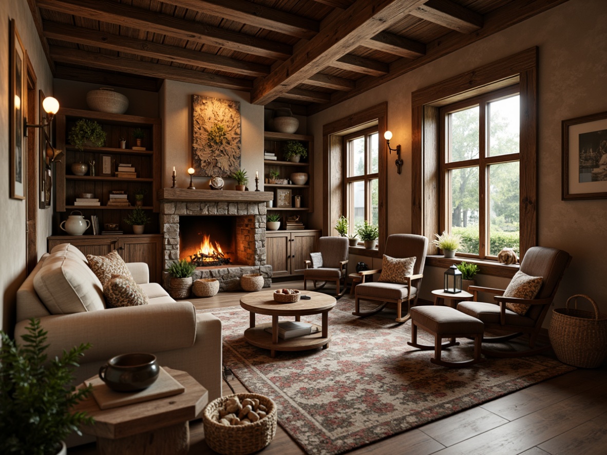 Prompt: Rustic farmhouse, vintage furniture, distressed wood tones, plush cushions, woven baskets, natural fabrics, earthy color palette, cozy reading nooks, wooden rocking chairs, metal lanterns, reclaimed barn doors, stone fireplaces, candlelit ambiance, warm soft lighting, shallow depth of field, 1/1 composition, intimate scale, realistic textures, ambient occlusion.