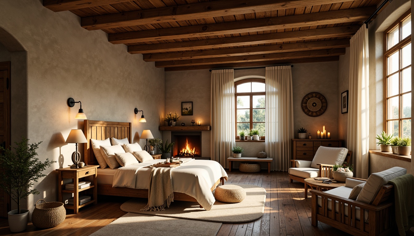 Prompt: Rustic farmhouse bedroom, wooden beam ceiling, soft warm lighting, table lamps, floor lamps, string lights, candles, natural textiles, woven baskets, vintage furniture, distressed wood, earthy tones, cozy throw blankets, plush rugs, comfortable reading nook, peaceful atmosphere, morning sunlight, warm golden glow, soft shadows, layered lighting, ambient illumination.