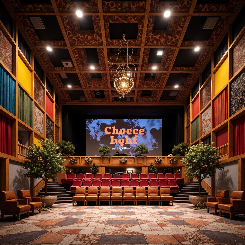 Prompt: Vibrant eclectic auditorium, mixed material finishes, bold color schemes, ornate metalwork, reclaimed wood accents, rich velvet fabrics, distressed leather upholstery, antique bronze fixtures, decorative mosaic tiles, abstract geometric patterns, dramatic stage lighting, warm spotlights, dynamic shadows, 1/1 composition, realistic textures, ambient occlusion.