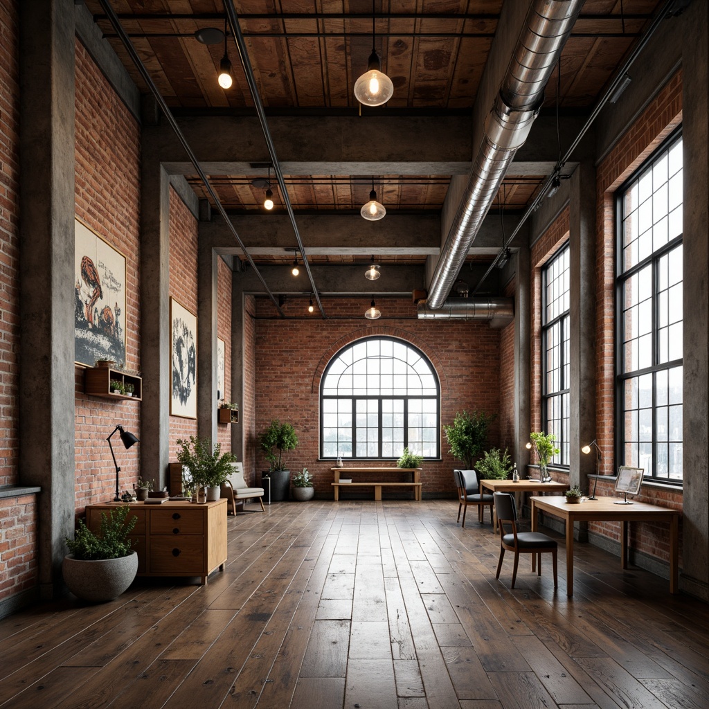 Prompt: Rustic warehouse interior, exposed brick walls, metal beams, reclaimed wood floors, industrial lighting fixtures, vintage factory equipment, distressed concrete columns, urban loft atmosphere, modern minimalist decor, functional workspaces, collaborative areas, eclectic art pieces, Edison bulb pendants, polished metal accents, neutral color palette, natural light pouring in, shallow depth of field, 1/2 composition, realistic textures, ambient occlusion.